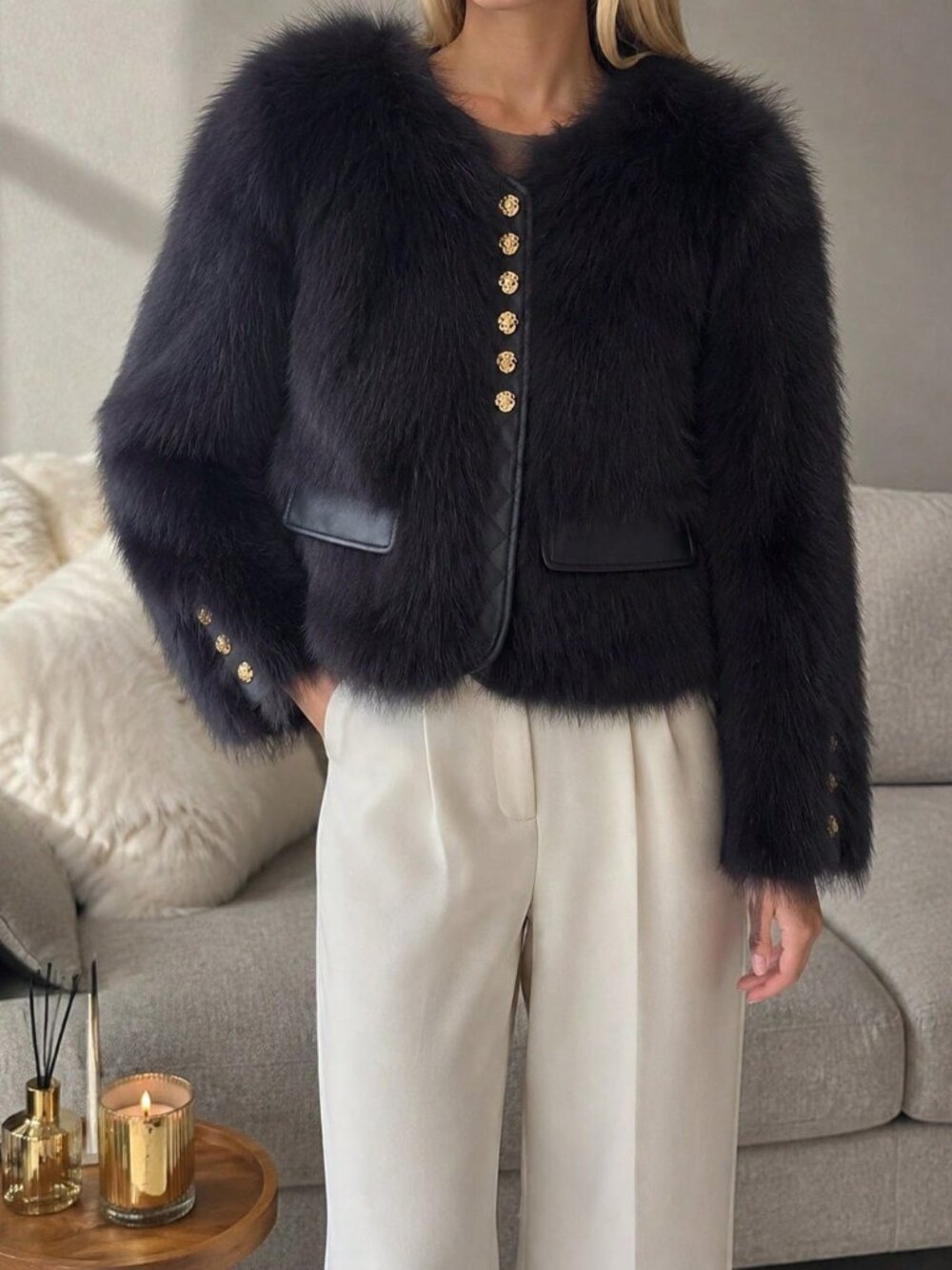 Black Casual Women's Chic Contrast Trim Faux Fur V-Neck Long Sleeve Short Jacket